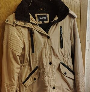 XOXO Women's Tan Hooded Coat with Sherpa Lining